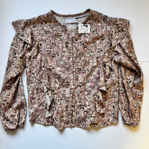 NWT Zara Girl Blouse Floral Ruffle Button Down Long Sleeve Shirt Top Sz 11-12 - Picture 6 of 12